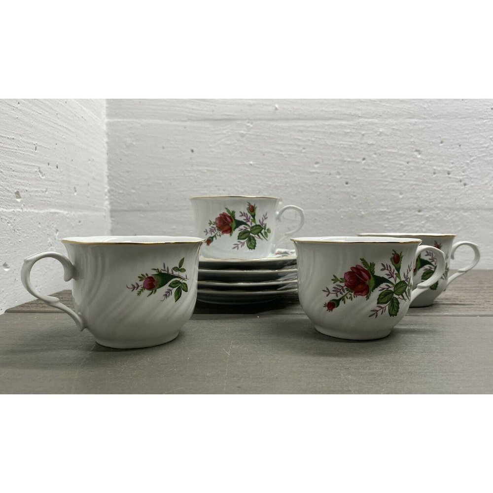 Set Of (4) Lynns Fine China Victorian Rose Coffee Tea Cup and Saucer Gold Trim